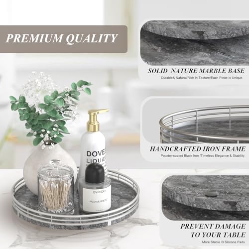 Image of Gray Marble Lazy Susan Turntable for Table Top - 10 inch Round Marble Tray Organizer for Dining Table, Kitchen Countertop & Bar, Luxury Stone Serving Tray with Silver Frame