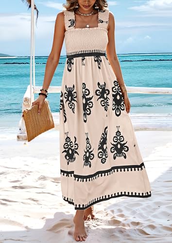 Image of PRETTYGARDEN Women's Sleveless Boho Maxi Dress | Boho Floral,Square Neck,Wide Ruffle Straps,with Pockets,Smocked A Line Dresses,Flowy Sundress for Summer Beach,Travel,Party