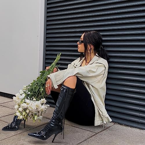 Oiamenne Knee High Boots for Women Fashion Slide Zipper Pointed Toe Stiletto Studded High Heel Rivets Tassel Boots Party Dress Shoes3