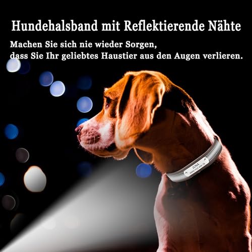 Reflektierend Halsband für Hunde aus Leder Personalisierte Hundehalsband mit Namen Gravur Dunkelblau Halsband mit Namenschild für den großen, mittleren Hund,Hundehalsbänder XL