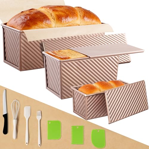 Lollicy 3 Pack Pullman Loaf Pan with Lids Non-Stick Bread Loaf Pan Heavy Duty Carbon Steel Corrugated Toast Box for Baking Square Bread Pans for Homemade Sandwich Bakeware (Rose Gold)