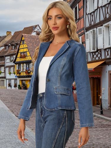 Allegra K Women Cropped Jean Jacket Long Sleeve Collarless One Button Lightweight Stretchy Fitted Denim Shacket Jackets3