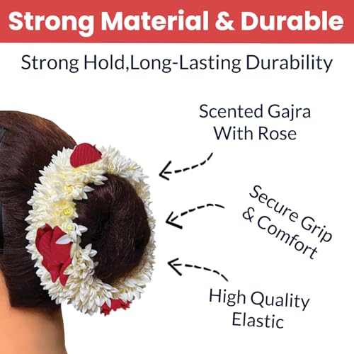 Image of Temperia (2 Pcs) Scented Mogra Gajra Hair Accessories For Women & Girls - Hair Flower Bun Artificial Fake Gajra Scrunchies Rubber Band - Premium & Voluminous, 1 Pc Red Petals & 1 Pc White