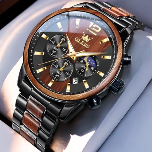 Image of OLEVS Men Watch Wooden Accent Band Multi Function Dial Luminous Waterproof Casual Luxury Business Watch