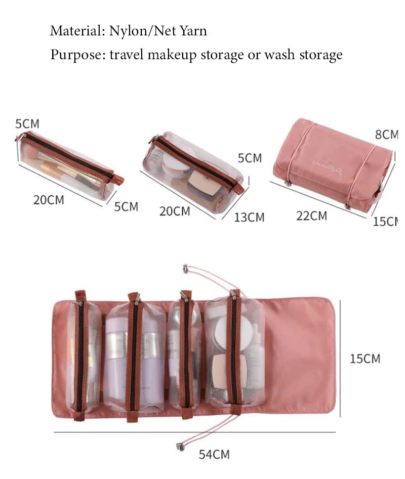 OMAZING KITCHEN 4 in 1 Foldable Hanging Roll Up Makeup Toiletry Bag for Travel Organizer Cosmetic Storage for Women (Pink) 1