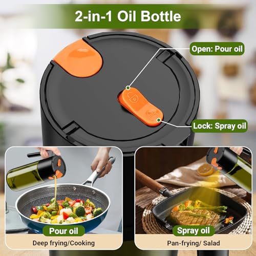 Spruzzino Olio 500 ml, 2-in-1 Spray & Versatore, Vetro Blocca Luce, Oliera Spray Ricaricabile per Cucina, Friggitrice ad Aria, Insalata e Grigliate, con Pennello (Nero) - immagine 4