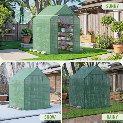Image of Walk in Greenhouses, 57 x 57 x 76 inch Green House, Greenhouse for Outdoors with Durable PE Cover, Portable Greenhouse with Shelves Stands,Green