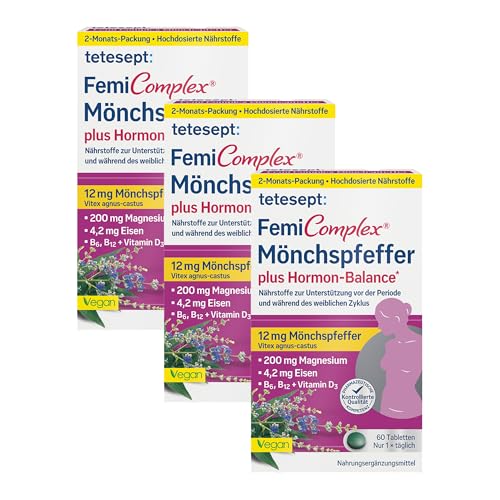 tetesept Femi Complex Mönchspfeffer - 3 × 60 Tabletten - Nahrungsergänzungsmittel zur Unterstützung der weiblichen Hormon Balance - Vegan