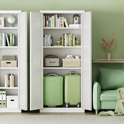 Image of INTERGREAT Metal Storage Cabinet with Magnetic Doors, 63 inch H Traditional European Style Metal Cabinets with 2 Doors and 4 Adjustable Shelves for Home Office, Kitchen, Bathroom (White)
