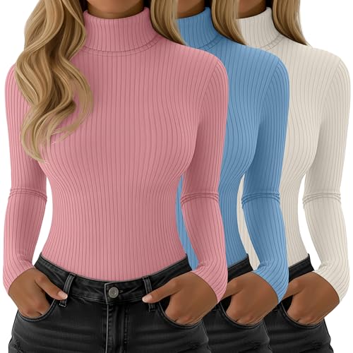 3 Pack Women’s Ribbed Turtleneck Tops Long Sleeve Cotton Stretch Shirts Slim Fit Base Layer Undershirt Tees