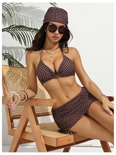Image of RoseSeek Women's 4 Piece Polka Dots Bathing Suits Cover Up Skirt & Bandana