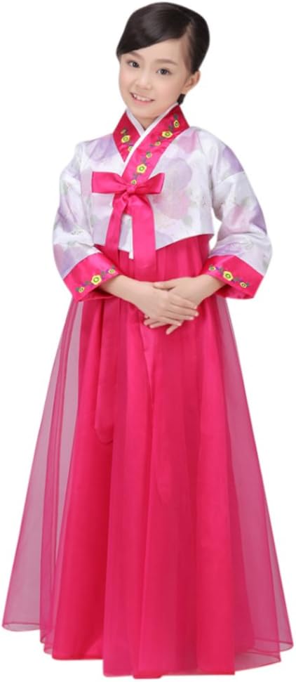 CRB Fashion Girls Traditional Kids Korean Hanbok Outfit Dress Costume (100cm, White/Dark Pink)