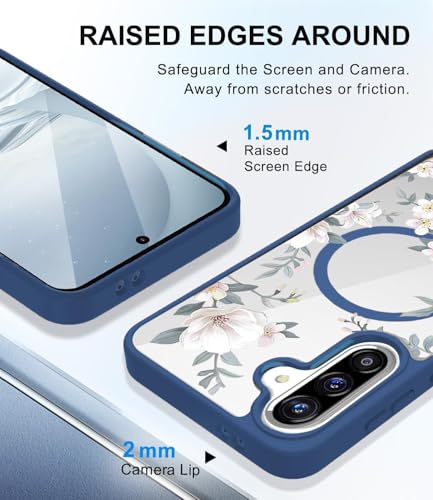 Image of VONZEE Compatible with Samsung Galaxy A57 5G Back Case Luxury Retro Flowers Floral Clear for Magnetic Wireless Charging Case Shockproof PC+TPU Cute Glossy Shiny Cover for Girls Women, Blue