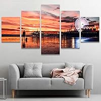 5 Panel Canvas Wall Art Santa Monica Pier California Pictures Modern Artwork for Home Decorations Ready to Hang - 60