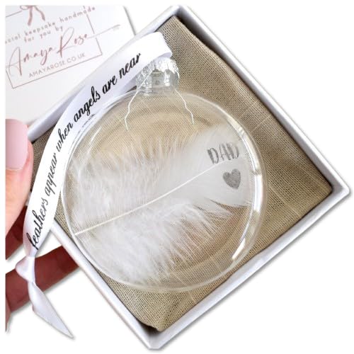 Dad In Memory of White Feather Bauble. Gift Boxed Glass Round Christmas Tree Hanging Decoration Memorial