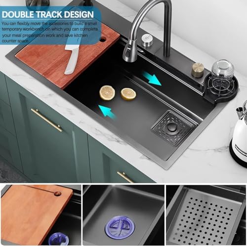Image of LUXART Waterfall Multifunction Kitchen Sink | 24x18x9 Inch | Honeycomb Design | Anti-Scratch Stainless Steel | Pull Down Faucet | Cup Washer | Drain Baskets