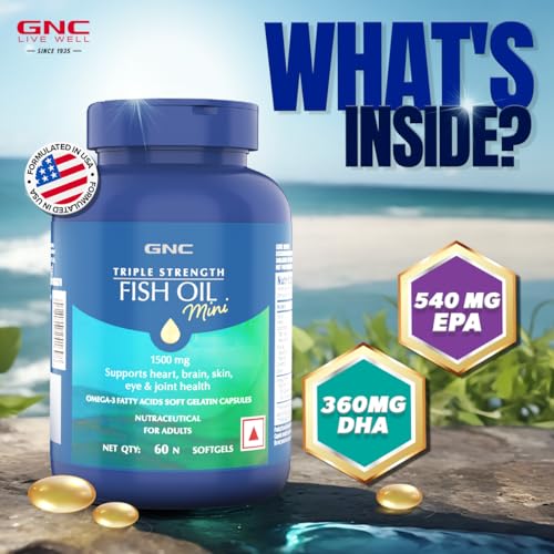Image of GNC 1500 Mg Triple Strength Fish Oil Mini Omega 3 Softgels For Men & Women| 60 Mini Softgels|540 MG EPA & 360 MG DHA|Improves Memory|Protects Vision|No Fishy Burps|For Men & Women |Formulated In USA