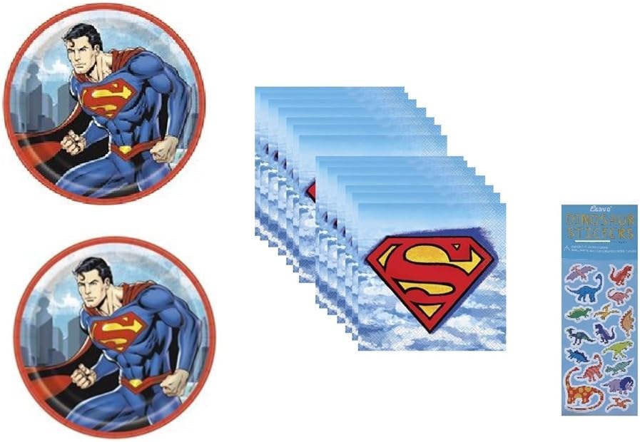 Superman Birthday Party Supplies Bundle includes 16 Dessert Cake Paper Plates 7", 16 Napkins, 1 Dinosaur Sticker Sheet