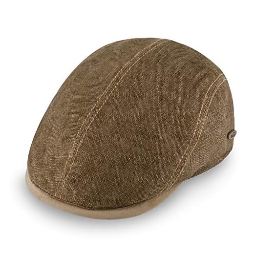 fiebig Brighton Flatcap Made of Linen | Visor Cap with Cotton Lining | Newsboy Cap with Contrast Seams | Made in Italy (62-XXL, Brown)