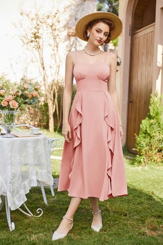Image of Belle Poque Sun Dresses for Women Spring Summer Floral Midi Flowy Spaghetti Ruffle Wedding Guest Tea Party Dress