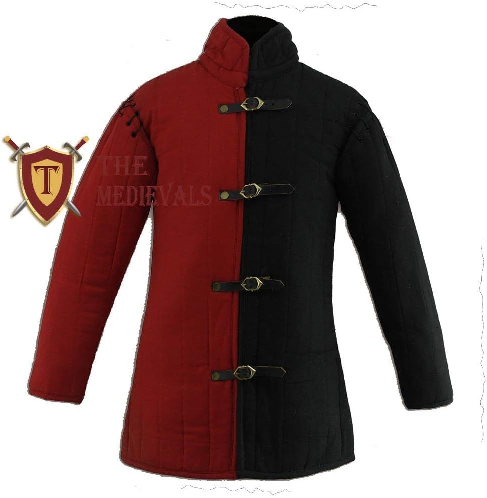 Thick Padded Gambeson Coat Aketon Jacket Armor, Red & Black