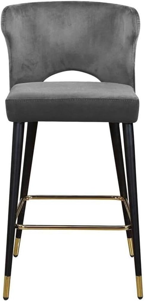 HomeStock Art Nouveau Allure Contemporary Velvet Upholstered Counter Height Stool with Gold Tipped, Black Metal Legs, 22" W x 19" D x 38.5" H, Set of 2 Grey