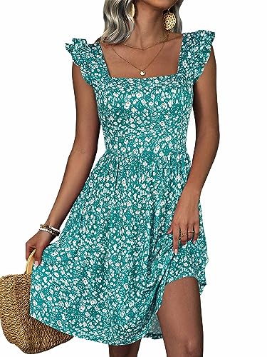 Loemes Sundress Spring Dresses Womens Easter Cruise Tropical Sun Cute A Line Knee Length Dresses with Pocket M Green Floral