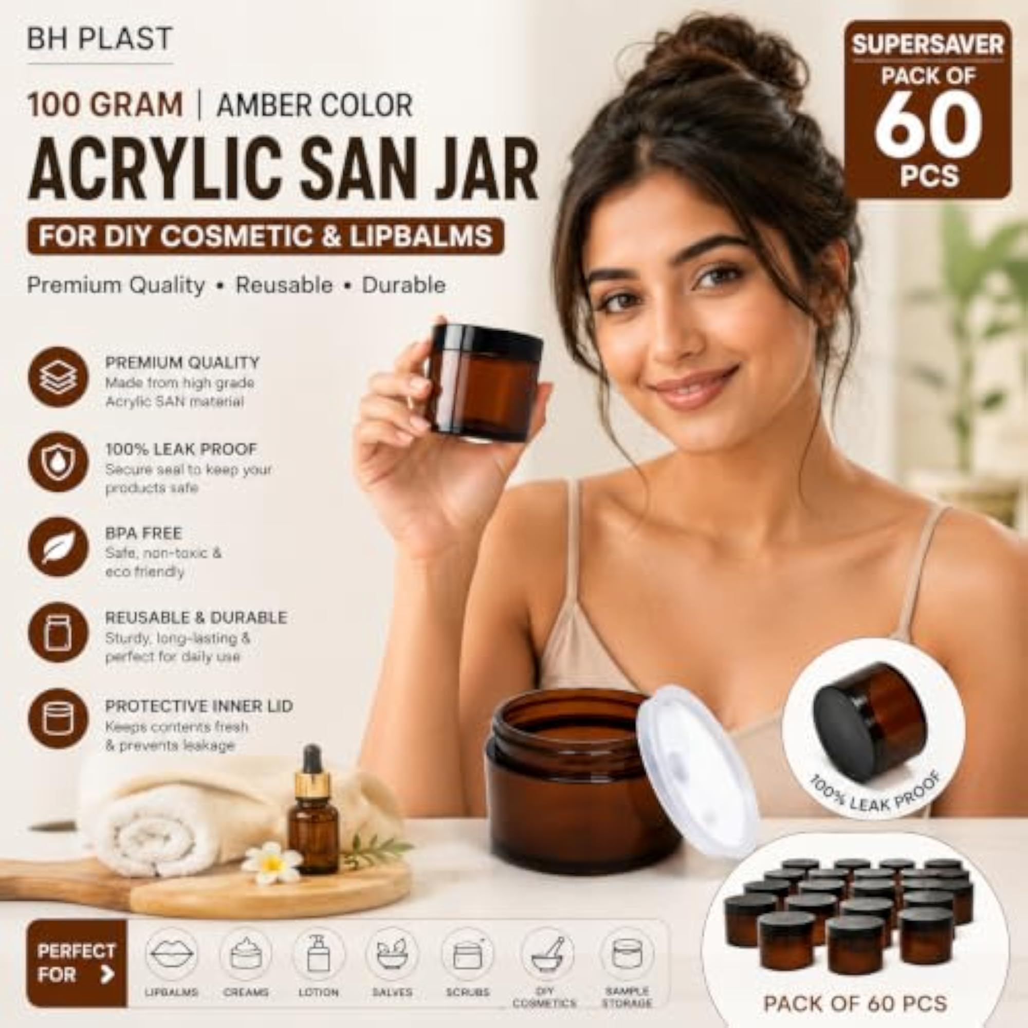 100 Gram Amber Color Acrylic SAN JAR for DIY Cosmetic Lipbalms