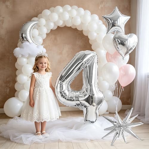 Image of TONIFUL 4th Birthday Balloons Kit 40Inch Silver Large Number 4 Foil Balloon | with 18Inch Helium Mylar Heart Star Balloons for Kids Women Men Birthday Anniversary Graduation New Year Eve Party Decoration