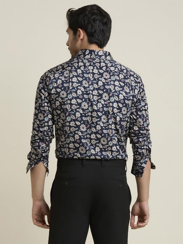 Image of MARK & ALBERT Men's Printed Full Sleeves Regular Fit Shirt Blue | 100% Cotton Stretchable Fabric