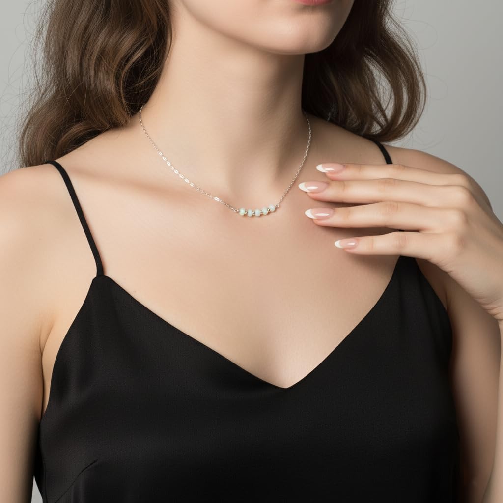 EnCharmed Sterling Silver Ethiopian Opal Delicate Choker, Handmade Minimal Dainty Genuine Gemstone Necklace, Adjustable Length 14-17 Inches, October Birthstone - Image 4