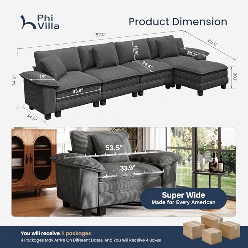 Image of PHI VILLA Cloud Modular Couch Sets, 157.5 inch Oversized Sectional Sofa with L-Shaped Chaise, 5-Seater Upholstered Couches with Movable Ottoman for Living Room, Corduroy Grey