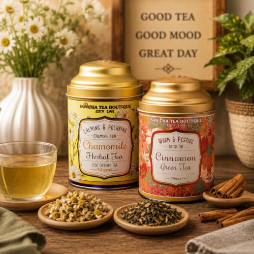 Image of Sancha Tea Boutique, Tea Combo Pack: Chamomile Herbal (50g) & Cinnamon Green (100g), Caffeine-Free Calming Tisane & Spiced Wellness Green Blend
