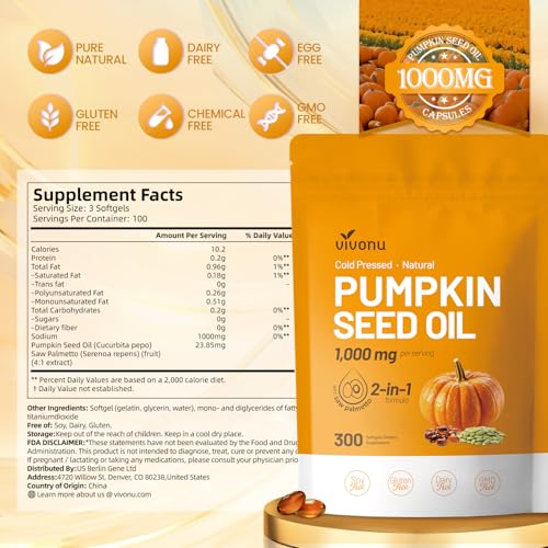 Image of VivoNu Pumpkin Seed Oil with Saw Palmetto Capsules,300 Softgels,Non-GMO