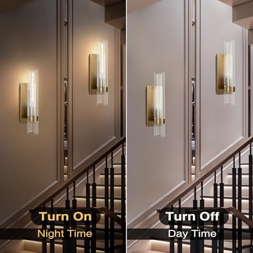 Image of 18 inch Wall Sconces Set of 2, Gold Bathroom Vanity Light Fixtures with Clear Glass Tube, Modern Brass Lamp Lighting for Mirror, Bedroom, Living Room, Hallway, Staircase
