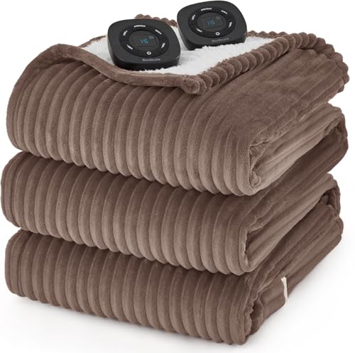 Bedsure GentleSoft Electric Blanket Queen Size - Soft Ribbed Flannel Heated Blanket with Dual Control, Heating with 10 Heat Settings & 10 Time Settings, 8 hrs Timer Auto Shut Off (84x90 inches, Brown)