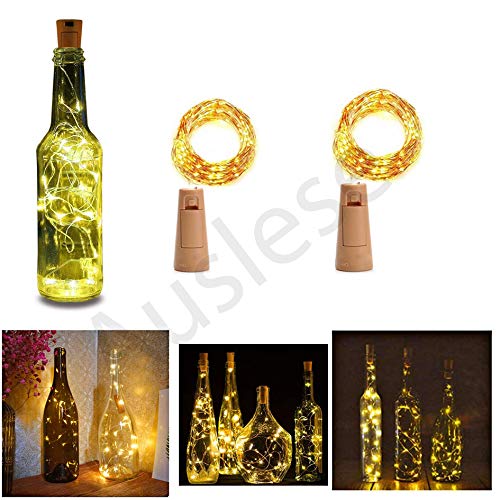 Auslese™ Fairy Warm White Led Lights String with Cork 2m Silver Wire, Battery Operated for Wedding Party Wine Liquor Bottles Bar Decor - (Bottles Not Include)