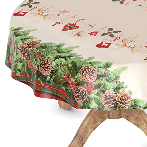 ANRO Mantel de hule lavable, mantel de jardín, rectangular, redondo, ovalado, redondo, 120 cm, borde cortado, corona navideña