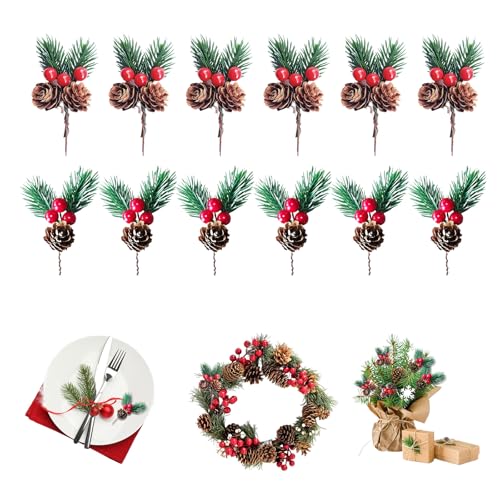 12 Pezzi Rami di Pino Artificiale con Pigne e Bacche Rosse di Natale,Ghirlanda Natalizia,per la decorazione di Natale della tavola di festa del giardino