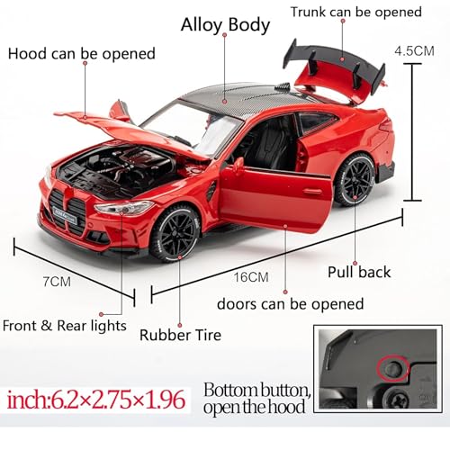 Image of Alokik Enterprise 1:32 M4 Coupe Die-cast Metal Pull Back Car with 2 Openable Doors with Lights and Sound Toy Decoration, Showpiece Car Best Gift Toys for Kids 【Red】