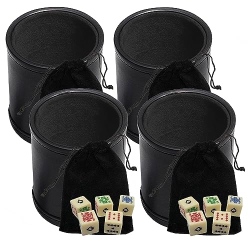 Dados de piel sintética negra y juego de 4 cubiletes con dados marfil de 16 mm para póker