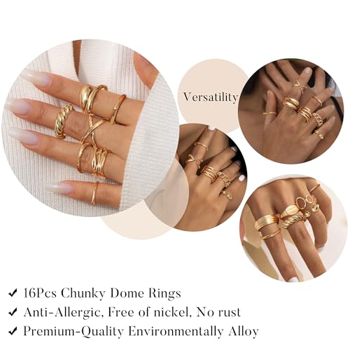 HAIAISO 16 Pcs Gold Rings Set for Women Non Tarnish 18K Gold Plated Chunky Rings Adjustable Stackable Thick Dome Ring Pack3