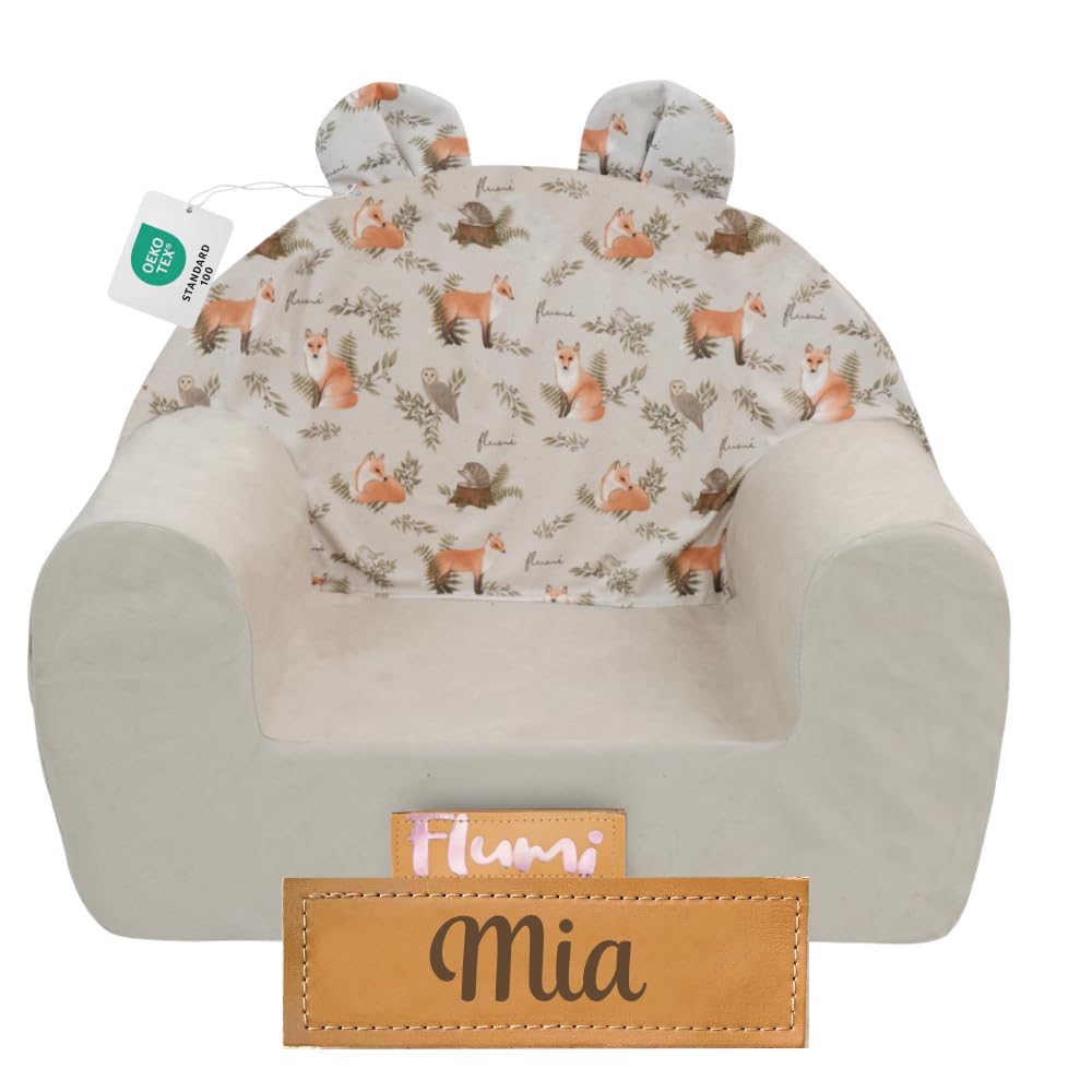 Flumi personalised toddler armchair – sofa chair for nursery & playroom – washable removable cover – engraved name (light grey+foxes)