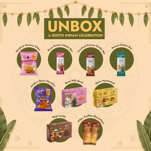 Image of Sweet Karam Coffee The Soul of South India Rakhi Gift Hamper | Ghee Mysorepak, Rose Milk Burfi, Ragi Laddu, Andhra Spicy Murukku, Nendran Banana Chips, 3 Distinct Chikki Bars & Filter Coffee Decoction | Raksha Bandhan Festive Gift Pack for Brother Sister Bhaiya Bhabi | Traditional Indian Sweets & Savoury Snacks Combo