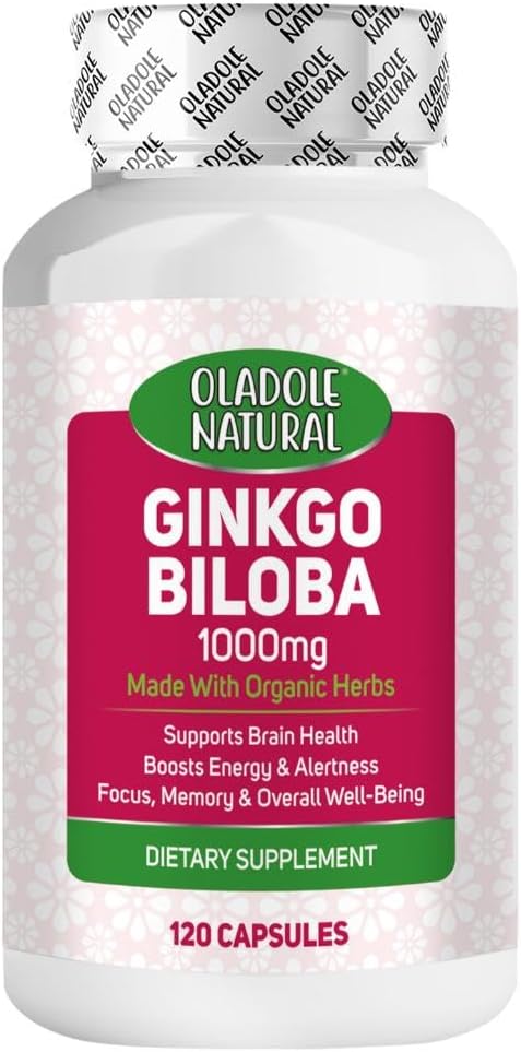 Oladole Natural Ginkgo Biloba 1000mg - 120 Capsules | Natural Brain Support | Memory & Focus Boost | Antioxidant-Rich Formula For Cognitive Health, Mental Clarity & Alertness | Non-GMO