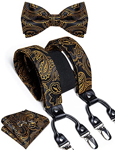 Image of DiBanGu Paisley Bow Tie and Supenders for Men Tuxedo Heavy Duty 6 Clips Suspender Adjustable Y-Shape Mens Trouser Braces