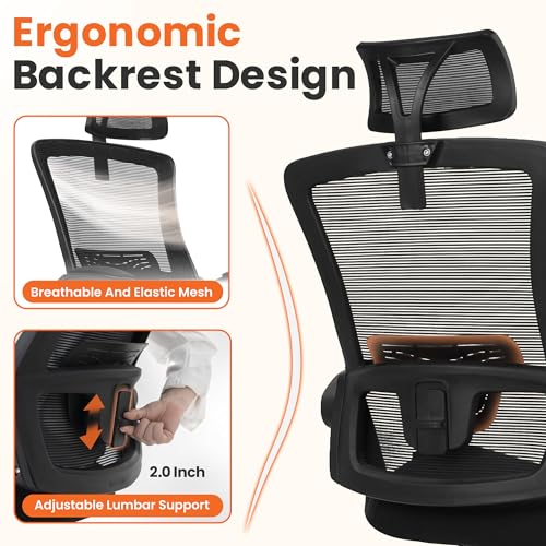 Image of NEO CHAIR Office Desk Chair Gaming Computer High Back Support Mesh Comfy Seat with Adjustable Ergonomic Headrest Lumbar Rolling Flip-up Armrests and Wheels (Black)