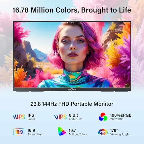 Image of InnoView Large Portable Monitor 23.8inch FHD 1080P 144Hz USB-C, HDMI Computer Display HDR 100% sRGB IPS Gaming Monitor W /180Adjustable DC Eyes Care Stand for Laptop PC MAC Phone PS4 Xbox Switch