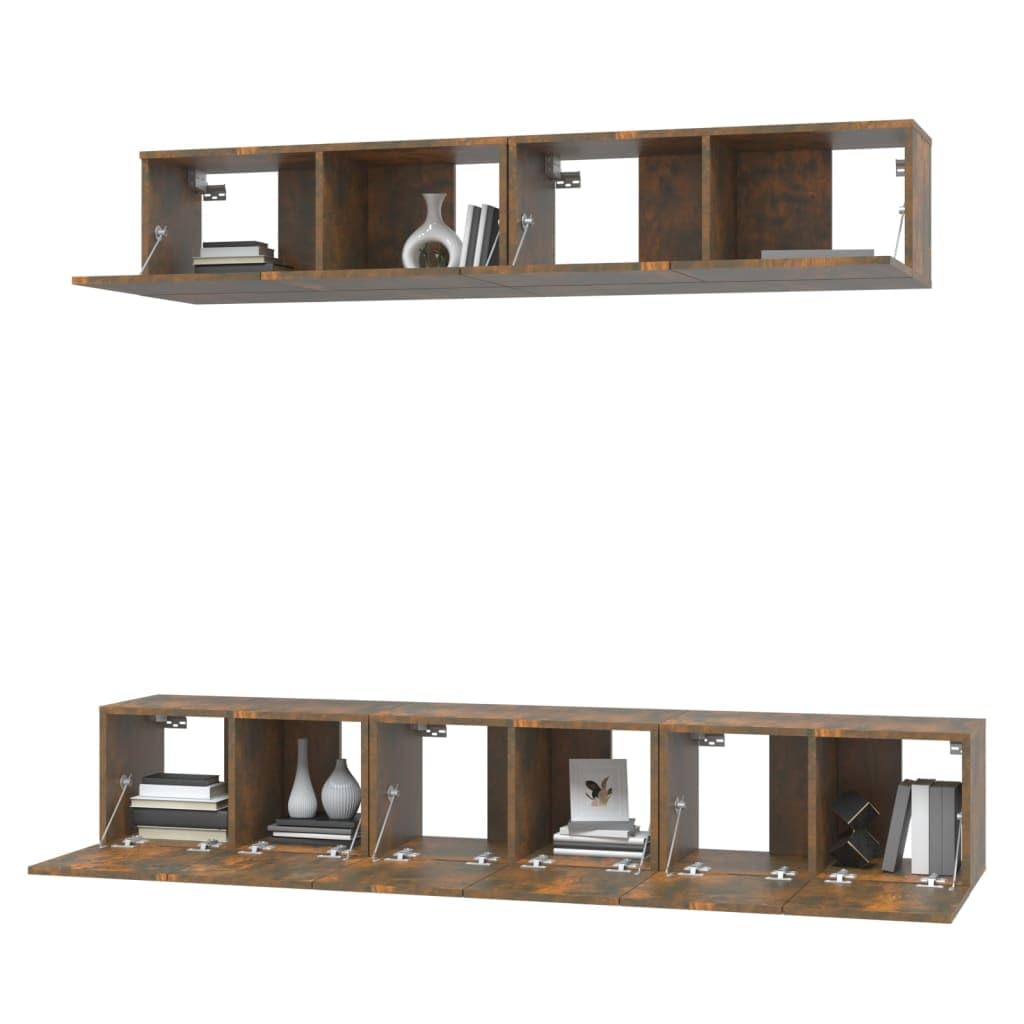 5-TLG. TV-Schrank-Set Räuchereiche Holzwerkstoff, Wandmontage, Modernes Media Center für Wohnzimmer, Viel Stauraum