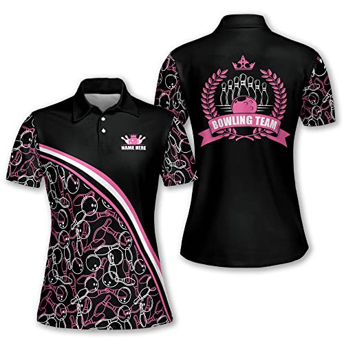 Teeman Personalized 3D Bowling Queen Pin Pattern Jerseys Shirts For Women, Custom Quick-Dry Bowling Shirts Short Sleeve Polo For Women, Pink Bowling Team Shirts For Women #TOP5